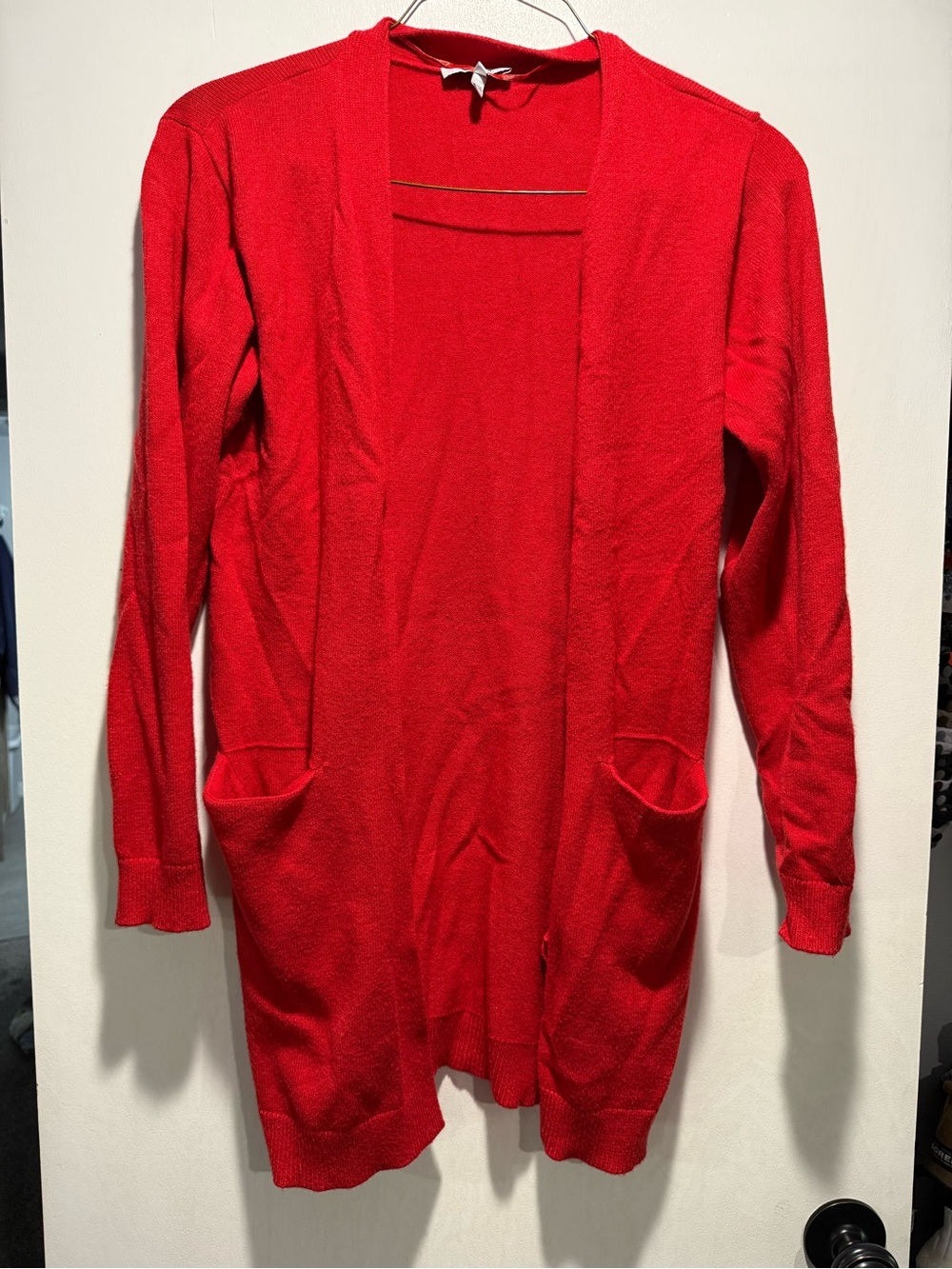 Classic Open-Front Red Cardigan with Pockets